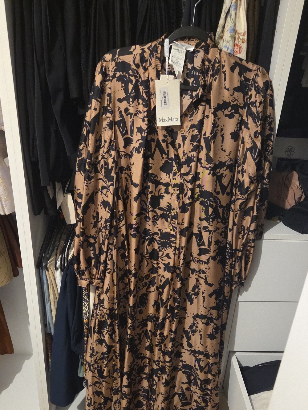 MaxMara Beige and Black Floral Satin Maxi Dress